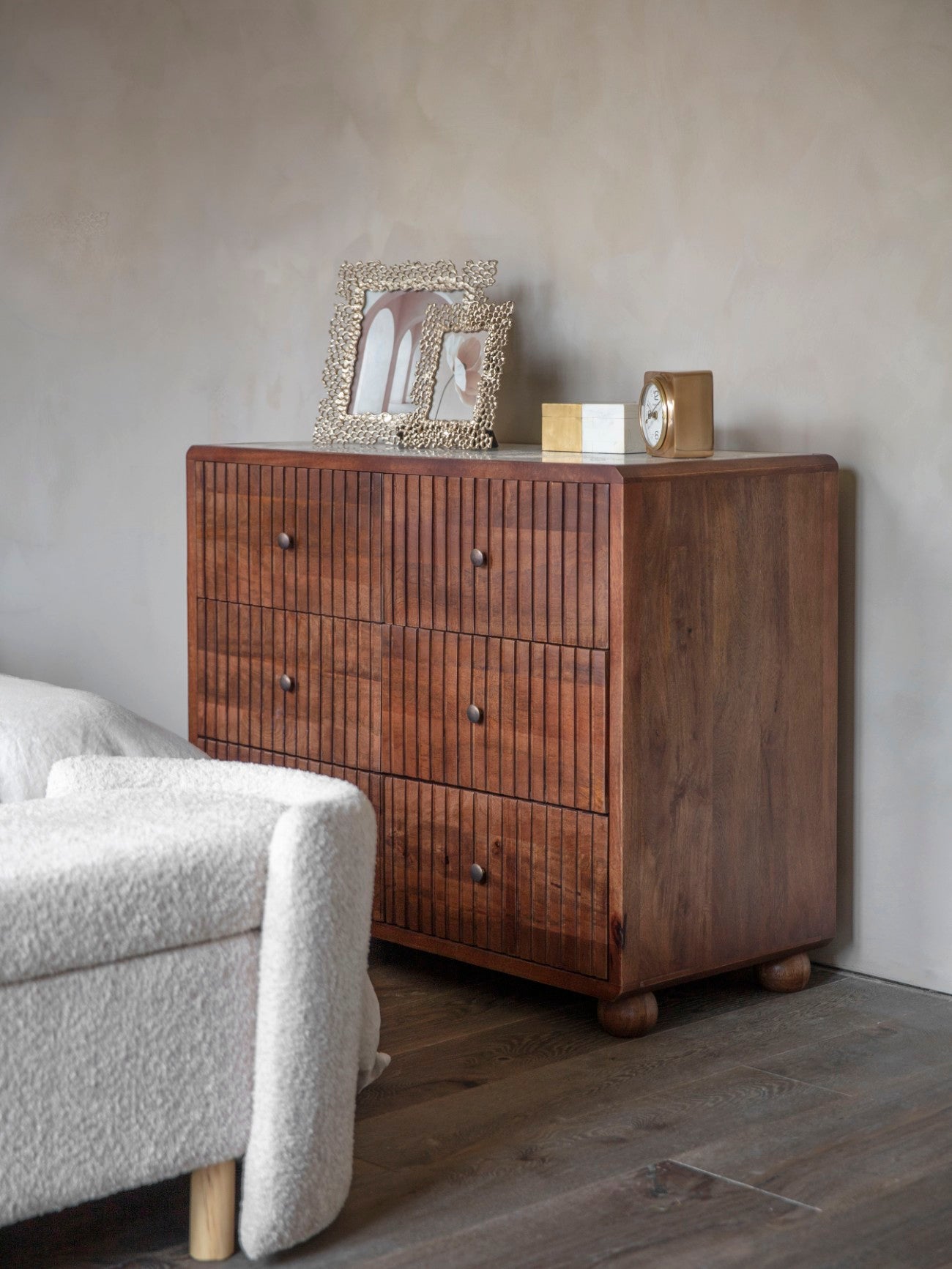 Carmel Curved Mango Wood & White Marble Chest of Drawers